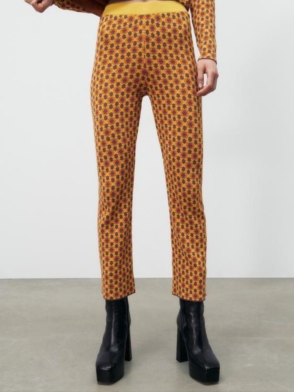 ZARA Women's Retro Floral Jacquard Knit Boho Pants Orange Brown Size Small